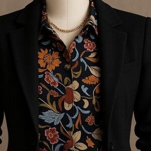 BCBGMAXAZRIA Blouse M Navy Blue Multicolor Floral Print Short Sleeve Top